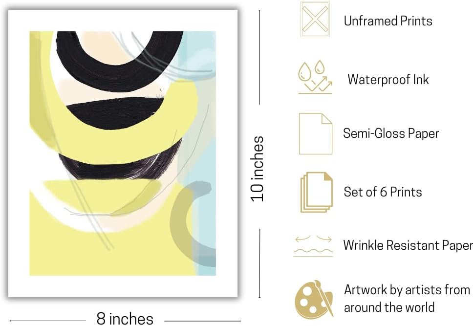 Wall Art Blue Green & Yellow Abstract Prints Set of 6 Unframed 8x10 Inches Prints for Wall Decor