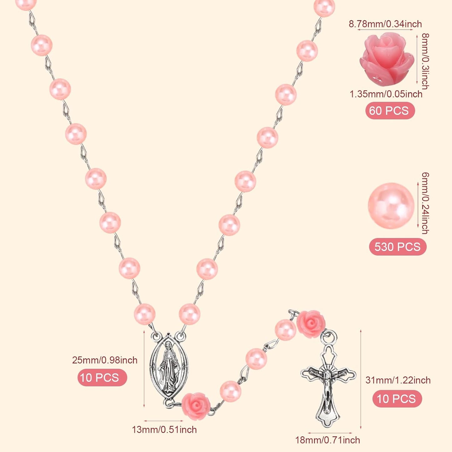 610 Pcs Pearl Beads Carved Rose Cross Centerpiece Crucifix Medal, Rosary Making Supplies Silver