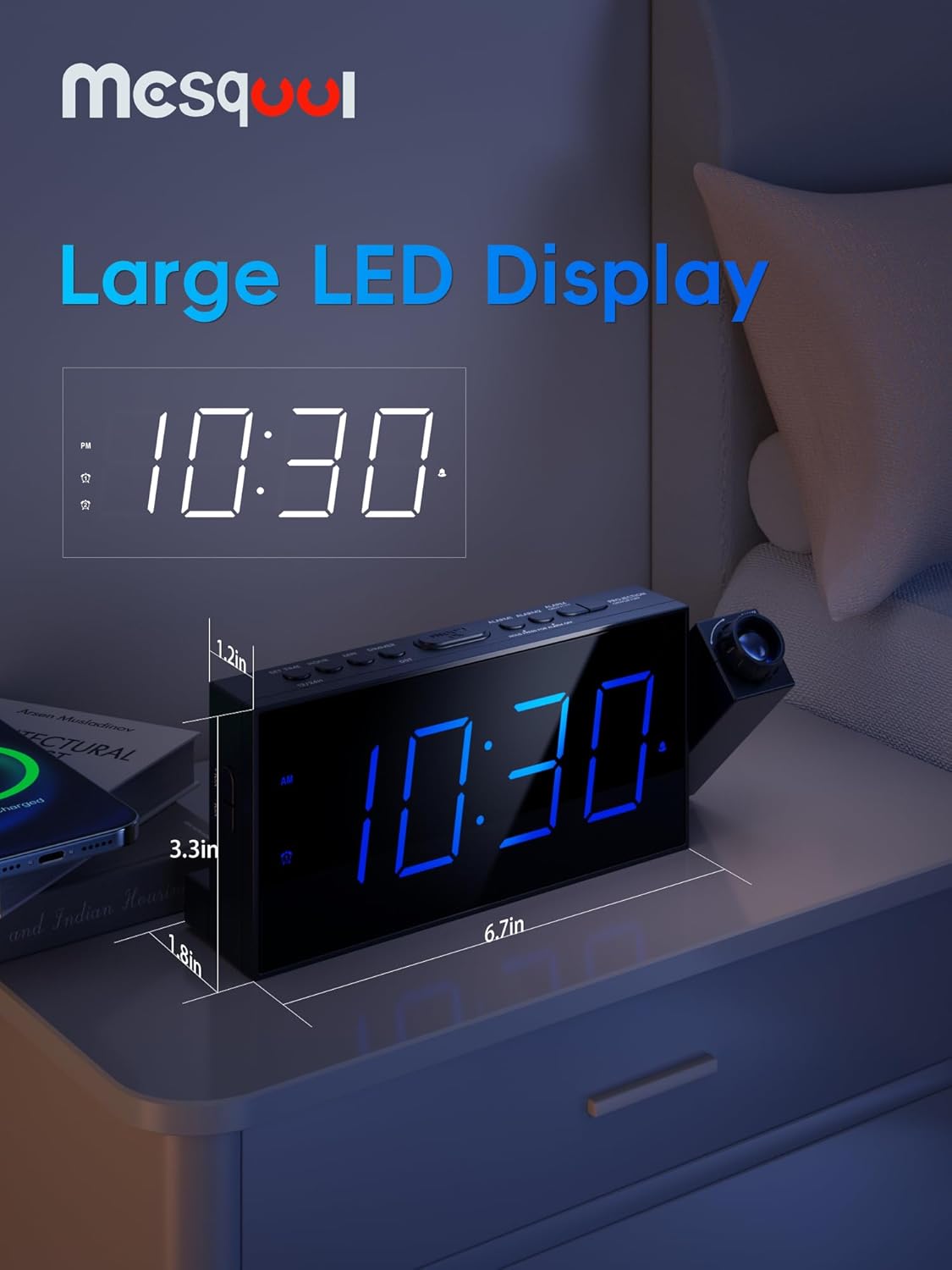 Alarm Clocks for Bedrooms Large LED Display 180Β° Rotatable Projector 5-Level Dimmer,USB Charger