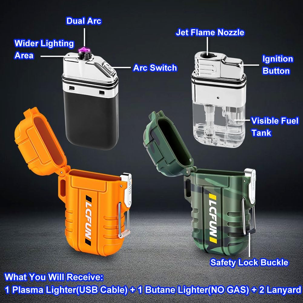 2 Pack Waterproof Outdoor Lighter Windproof Torch Lighters Butane Refillable Electric Dual Arc Plasma Lighter