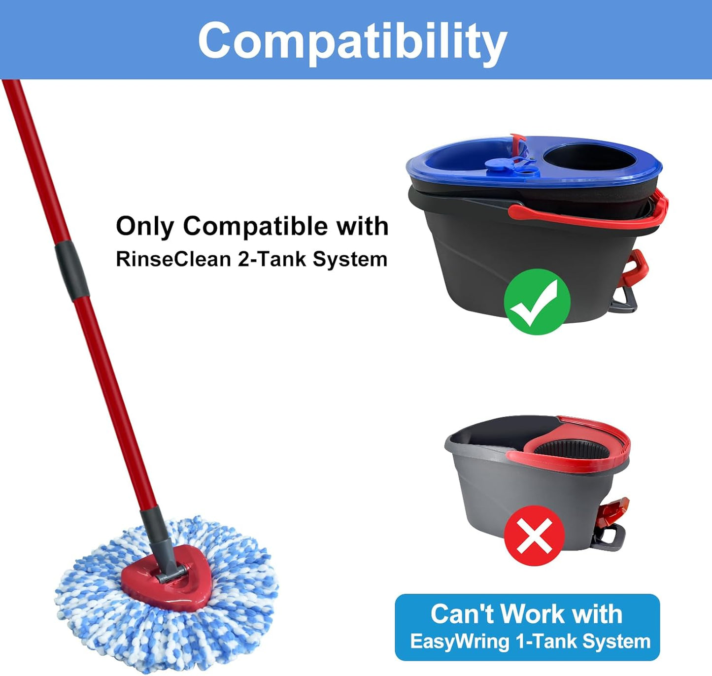 Mop Handle and Base Compatible with Ocedar RinseClean 2-Tank System 3 Mop Replacement Head
