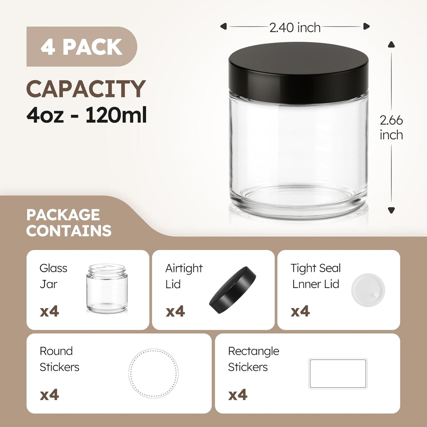 4 Pack Clear Small Glass Jars with Black Lids Leakproof Round Airtight Empty Cosmetic Travel Containers with Inner Liners