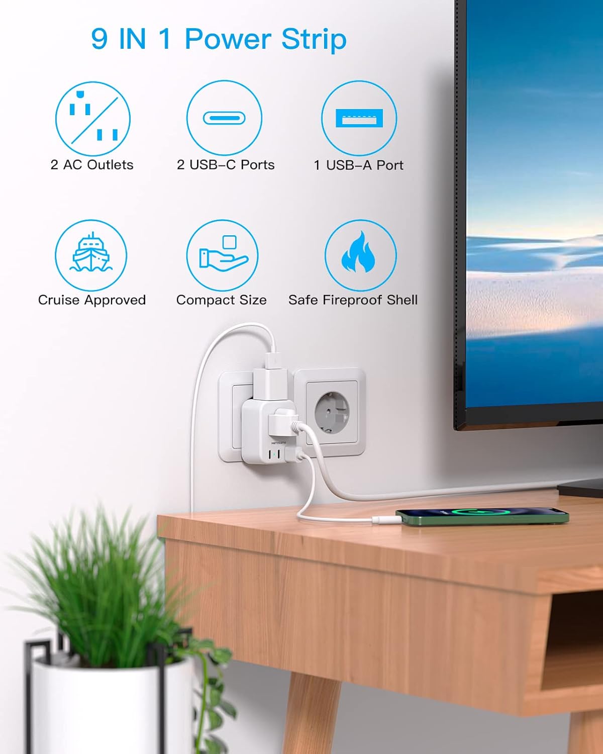 International Plug Adapter US to Europe Adapter Plug 2 Outlets 3 USB Ports(2 C Port) Type C Power Adapter