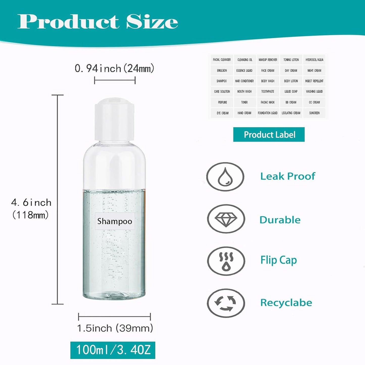 3.4oz/100ml Refillable Plastic Containers with TSA Approved Toiletry Bag Clear Cosmetic Kit for Shampoo