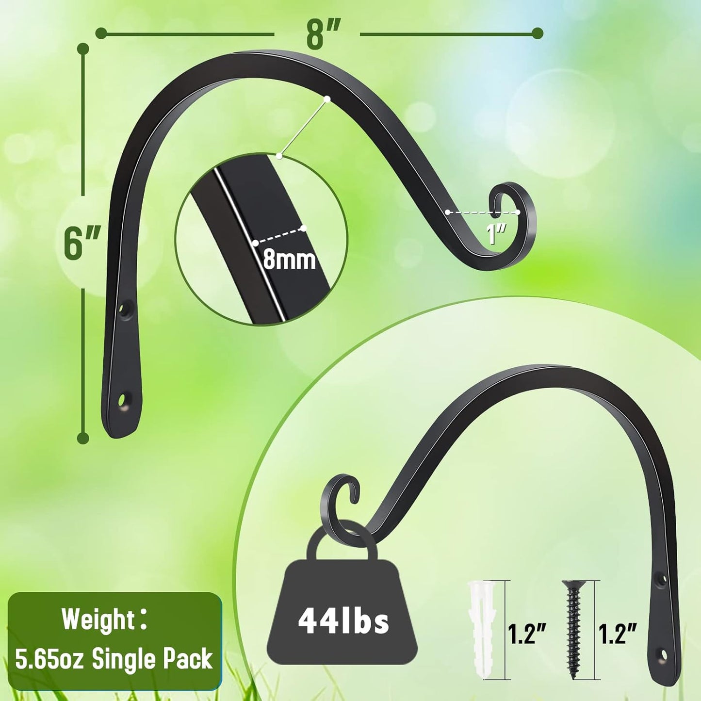 2 Pack 8 Inch Hanging Plant Bracket Wall Hooks Decorative Plant Hangers for Outdoor Hanging Bird Feeders