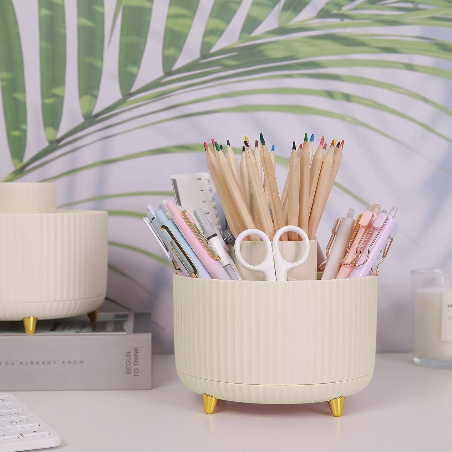 360 Rotating Plastic Desk Pen Organizer with 5 Slots Dual-Purpose Art Supply Pencil Cup