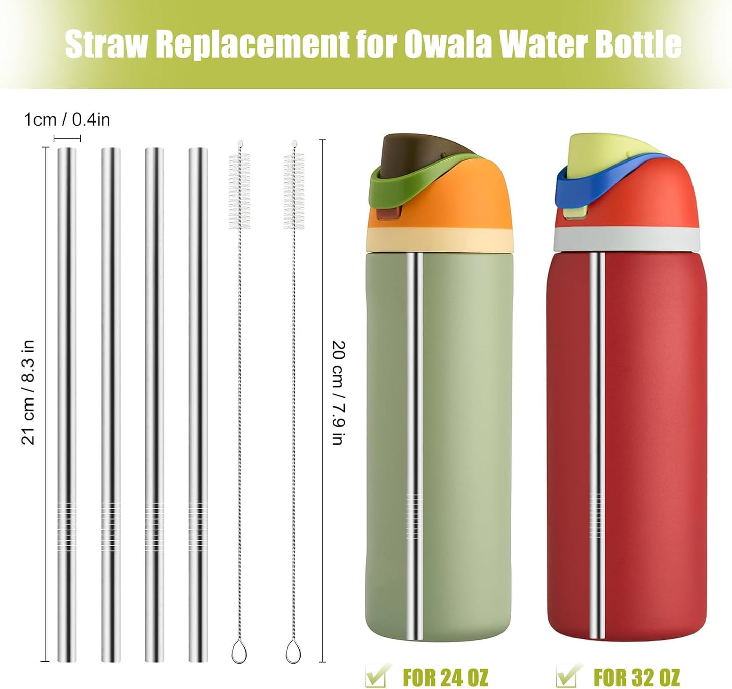 4 Pcs Metal Straw Replacement for Water Bottle 24 oz 32 oz Accessories With 2 Straw Cleaner, Reusable Stainless Steel