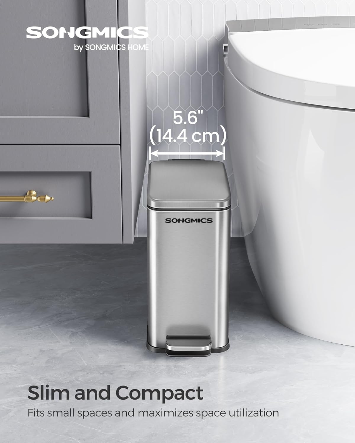 Bathroom Trash Can 1.3 Gallon (5 L) Small Trash Bin with Lid Slim for Small Spaces Stainless Steel Garbage Can