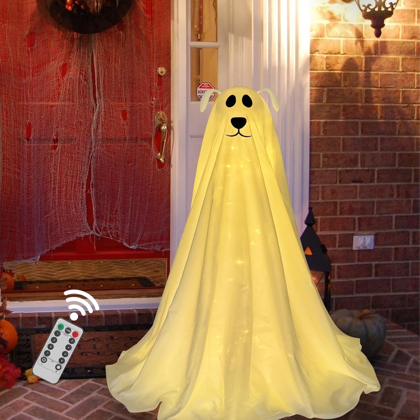 Light-Up Freestanding Spooky Ghost Dog with Remote String Lights Battery Operated Halloween Ghost Dog