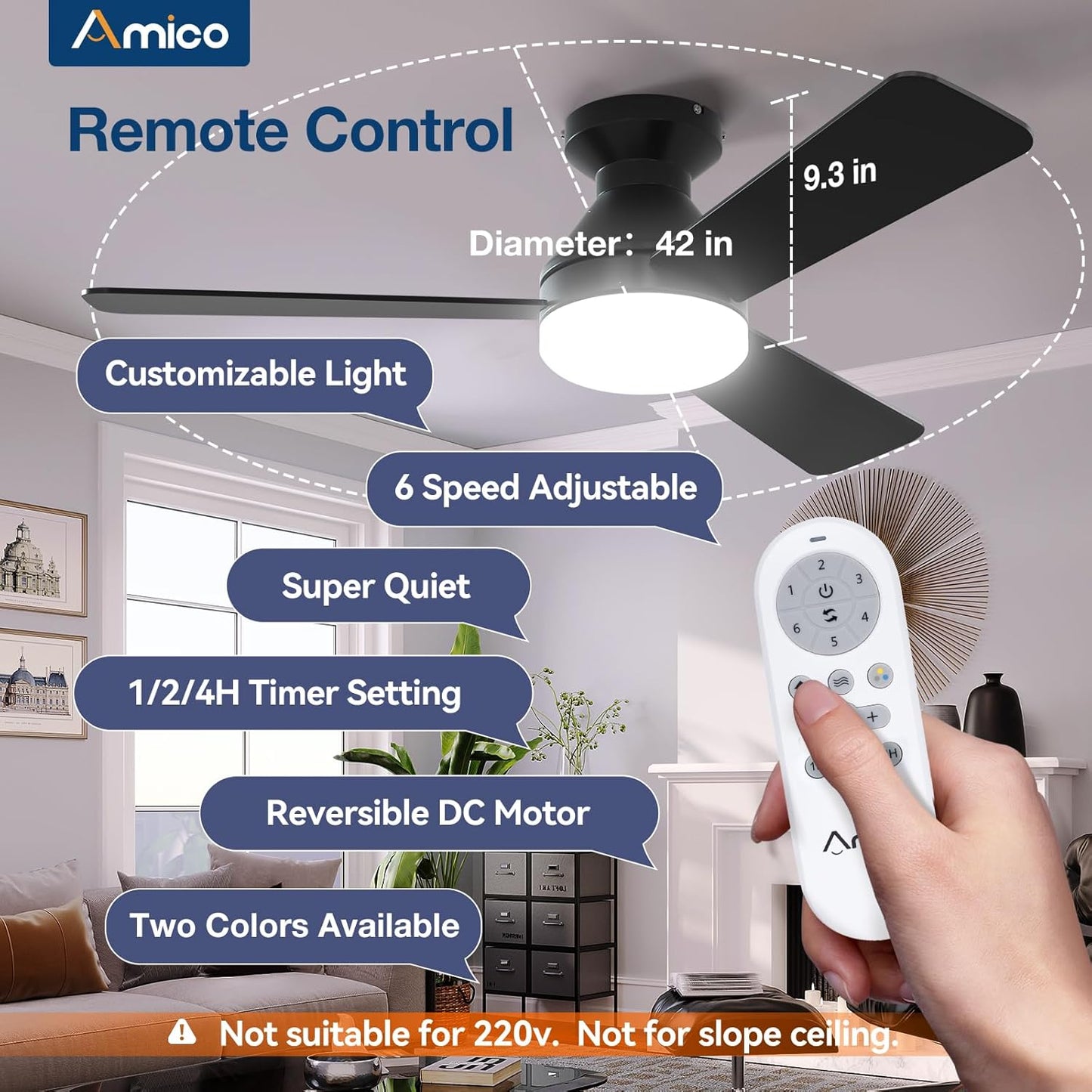 42 inch Low Profile Ceiling fan with Light and Remote Control Flush Mount Reversible 3CCT Dimmable Noiseless