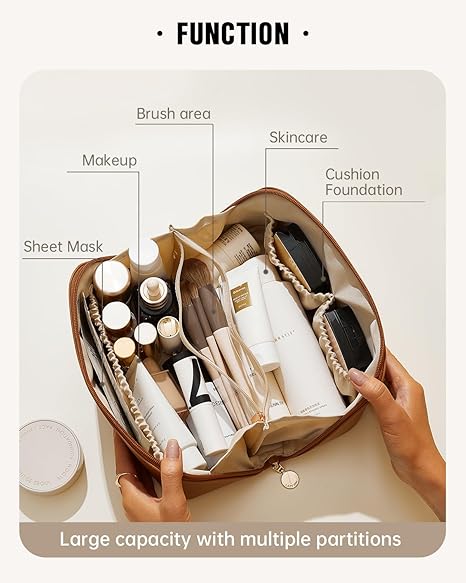 Large Capacity Cosmetic Bag for Women Waterproof PU Leather Flat Open Portable Toiletry Bag for Skincare