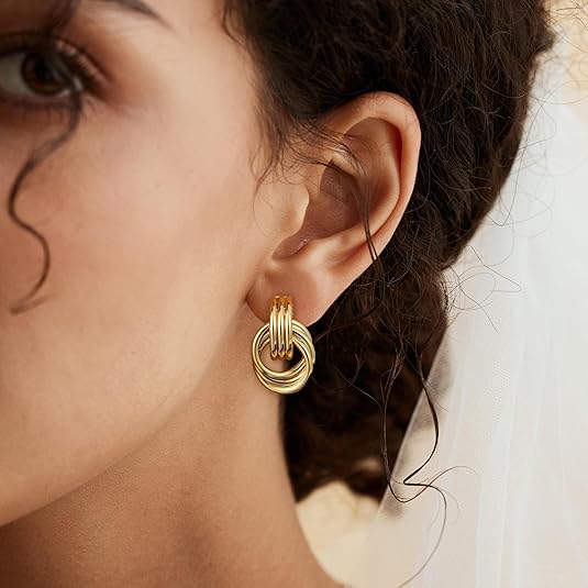 Gold Plated Knot Earrings for Women Chunky Statement Drop Dangle Earrings Lightweight