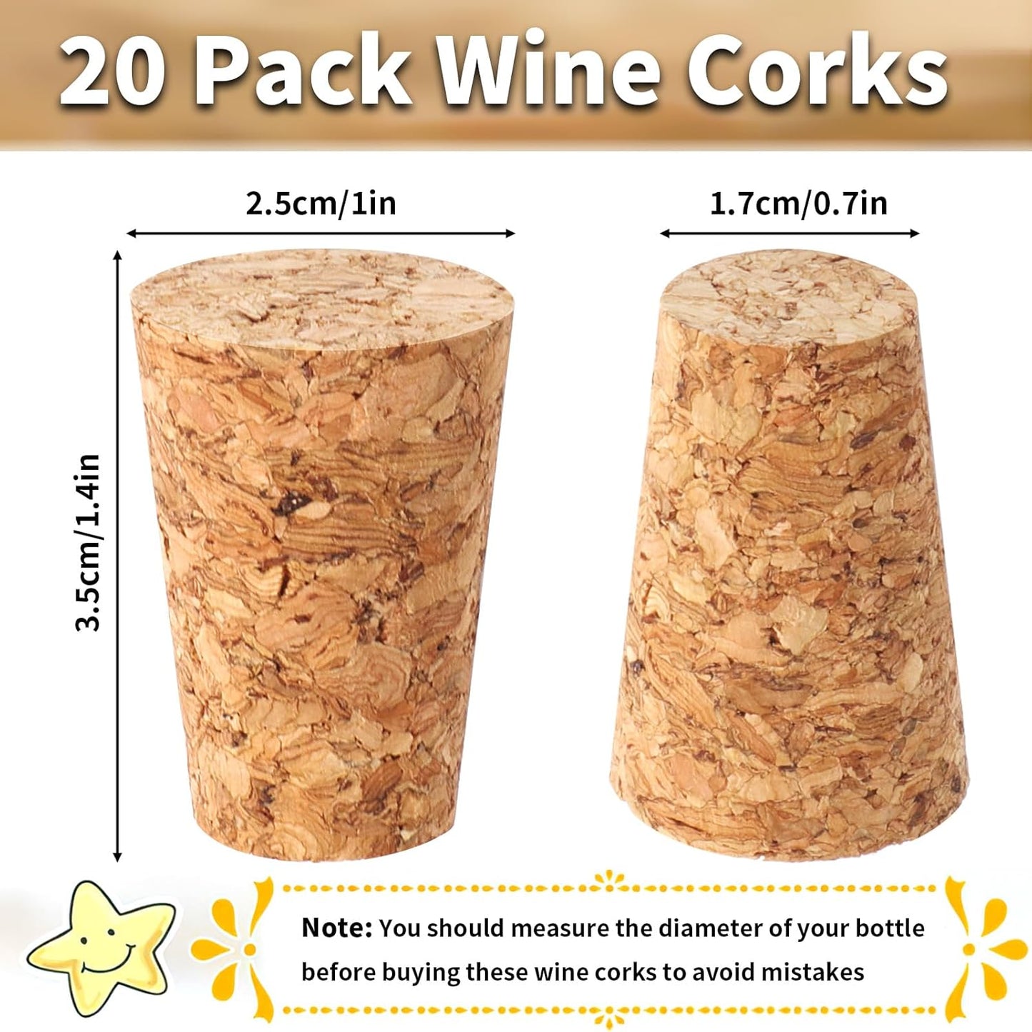 20 Pack Wine Corks, Natural Soft Wood Wine Bottle Corks Leakproof Tapered Corks Wooden Replacement