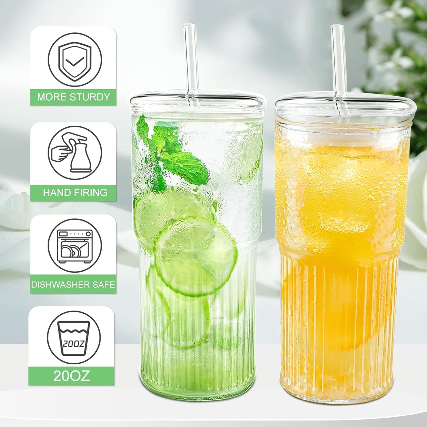 Glass Cups with Lids and Glass Straws High Borosilicate 20OZ Tumblers (2Pcs) for Coffee, Tea, Juice
