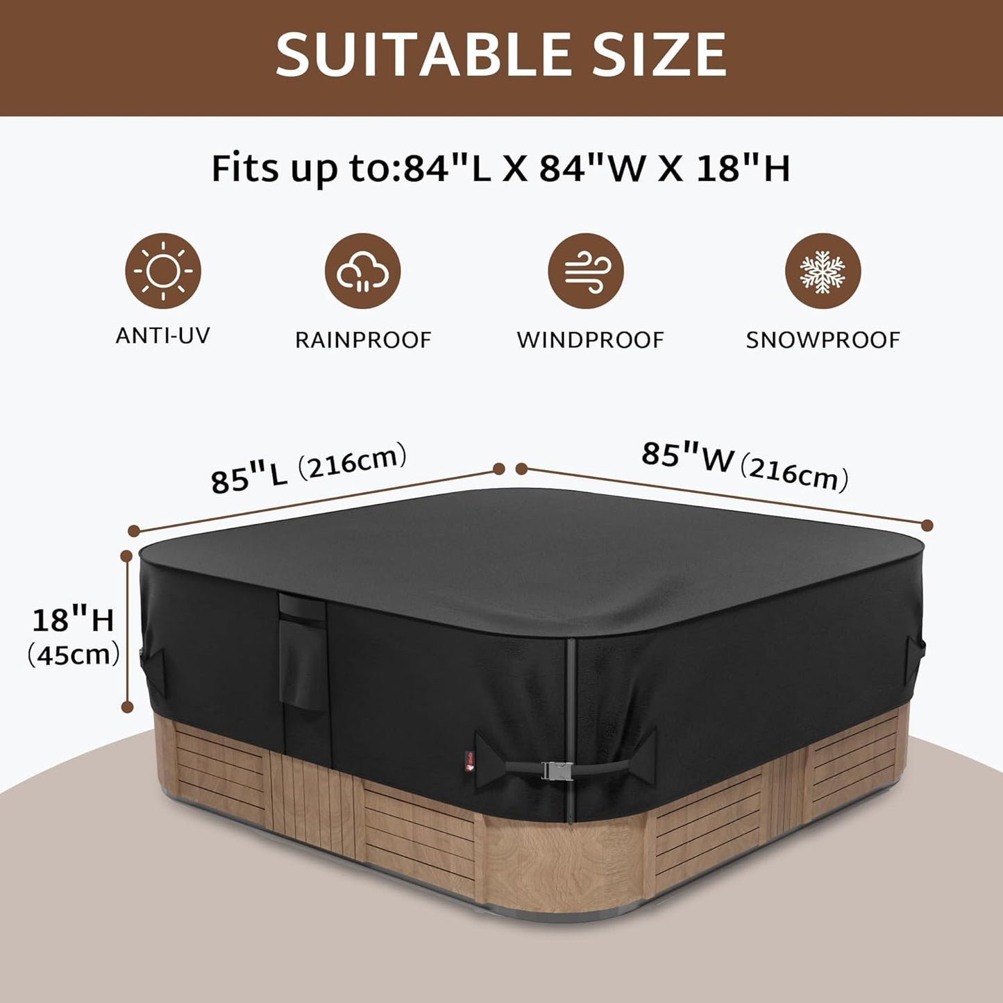 Outdoor Waterproof and Weatherproof Hot Tub Cover 85 x 85 inch fit 84 x 84 or 83 x 83 or 82 x 82 or 7 ft x 7 ft Square