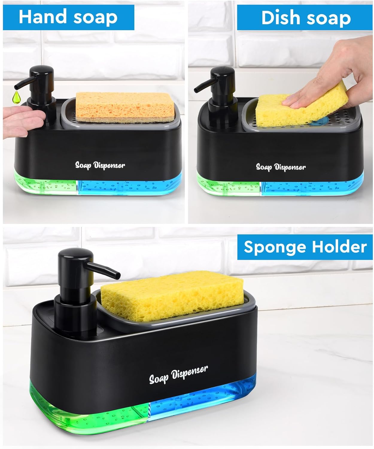 Hand and Dish Soap Dispenser Set for Kitchen Dual Soap Dispenser with Sponge Holder 3-in-1 Countertop Soap