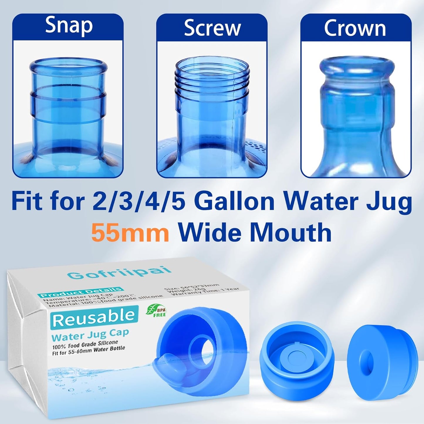 3 and 5 Gallon Water Jug Cap Silicone Reusable Replacement Cap, Non Spill Bottle Caps for 55mm Bottle