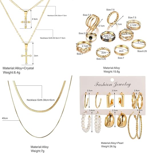 6Pcs Layered Necklace 11 Pcs anklet and 7Pcs Earring Ear Cuff 12Hoop Earrings 15pcs Rings 21 pcs stud earrings Jewerly set
