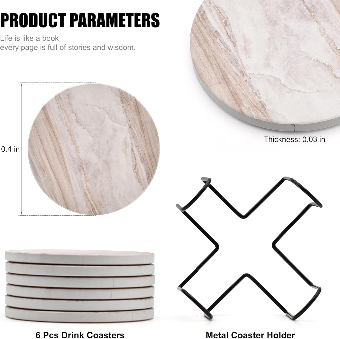 6Pcs Drink Coasters with Holder Marble Style Ceramic Drink Coaster Absorbent Coasters Set Suitable for Kinds of Cups