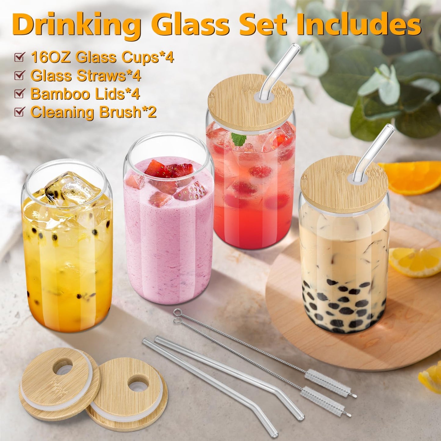 4PCS Glass Cups with Bamboo Lids and Straws 16OZ Ice Coffee Cup Drinking Cup set with Wooden Lids, Home Essential
