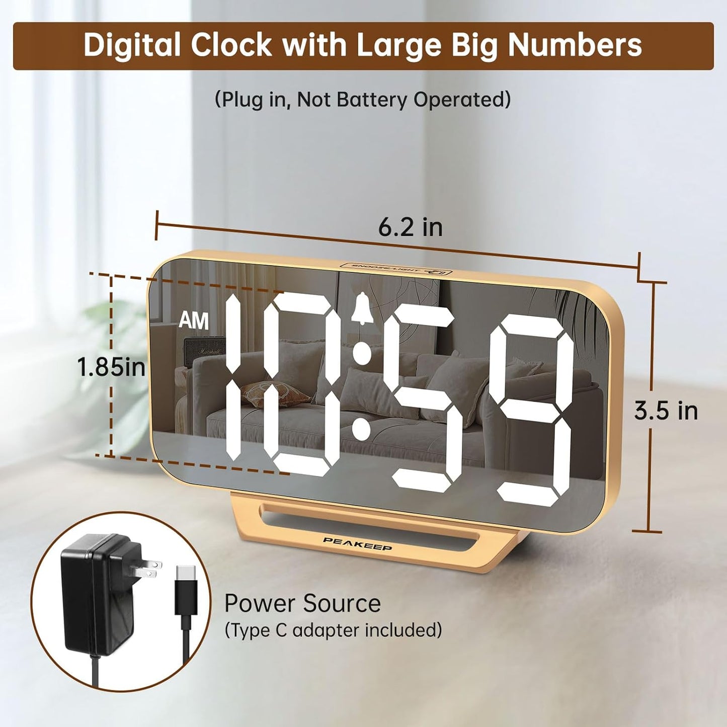Slim Digital Mirror Aesthetic Alarm Clock for Bedrooms Desk Decor Plug in Electric Big LED