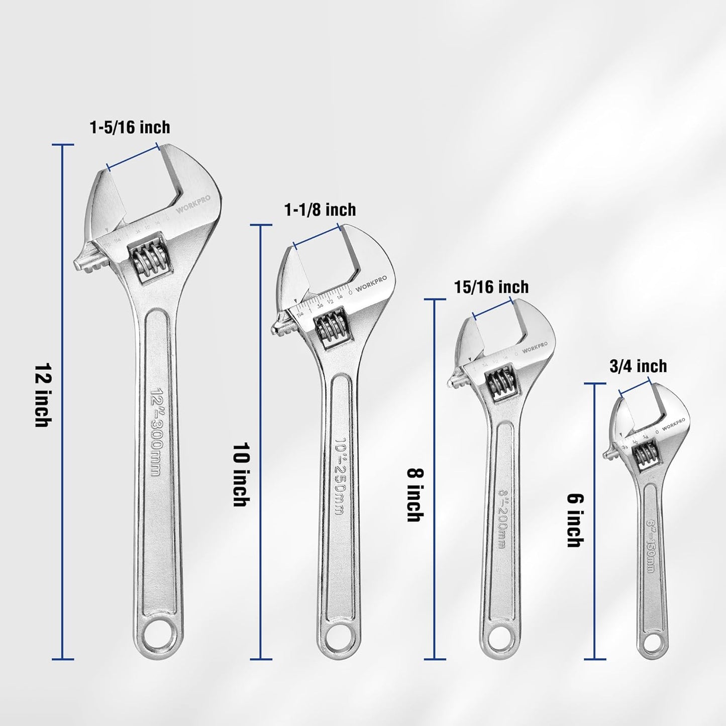 4-piece Adjustable Wrench Set Forged Heat Treated Chrome-plated 6-inch 8-inch 10-inch 12-inch