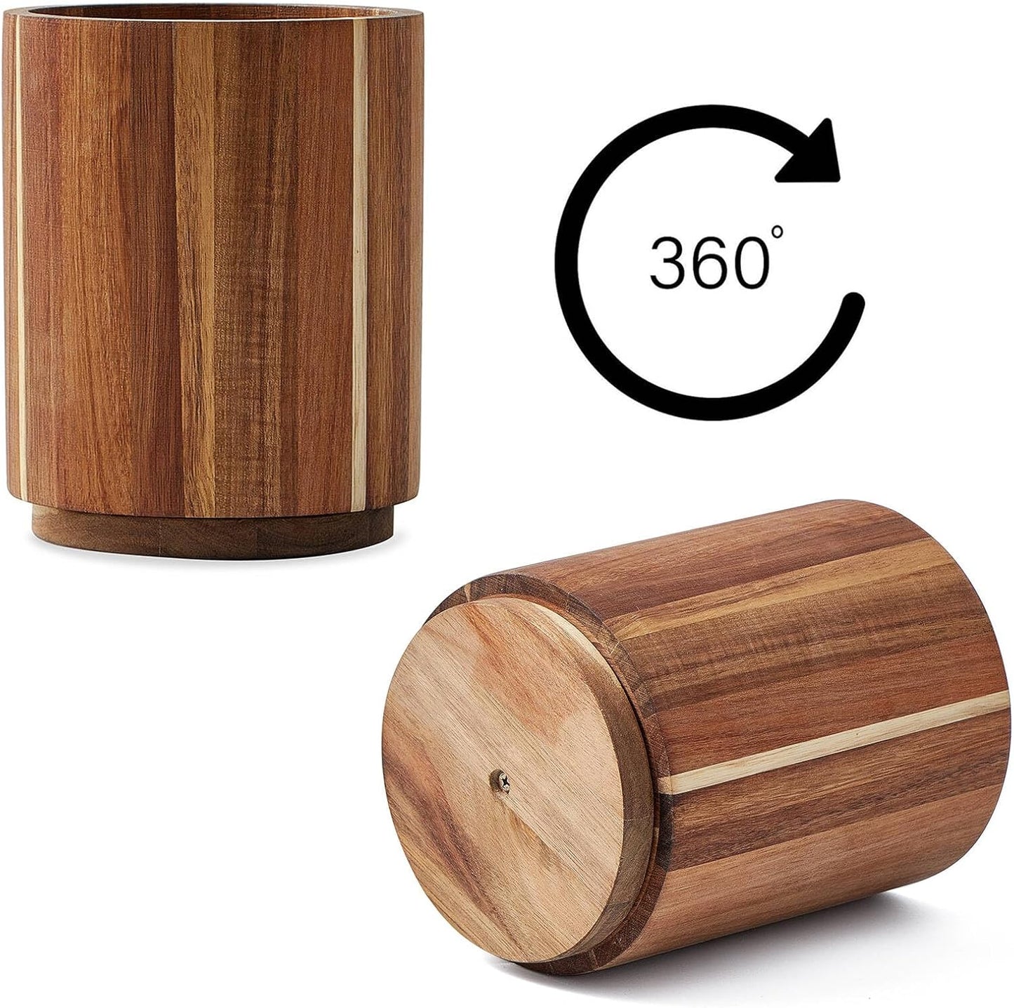 Wood Utensil Holder for Kitchen Counter 360° Rotating 7.2" Wooden Cooking Utensil Crock for Countertop