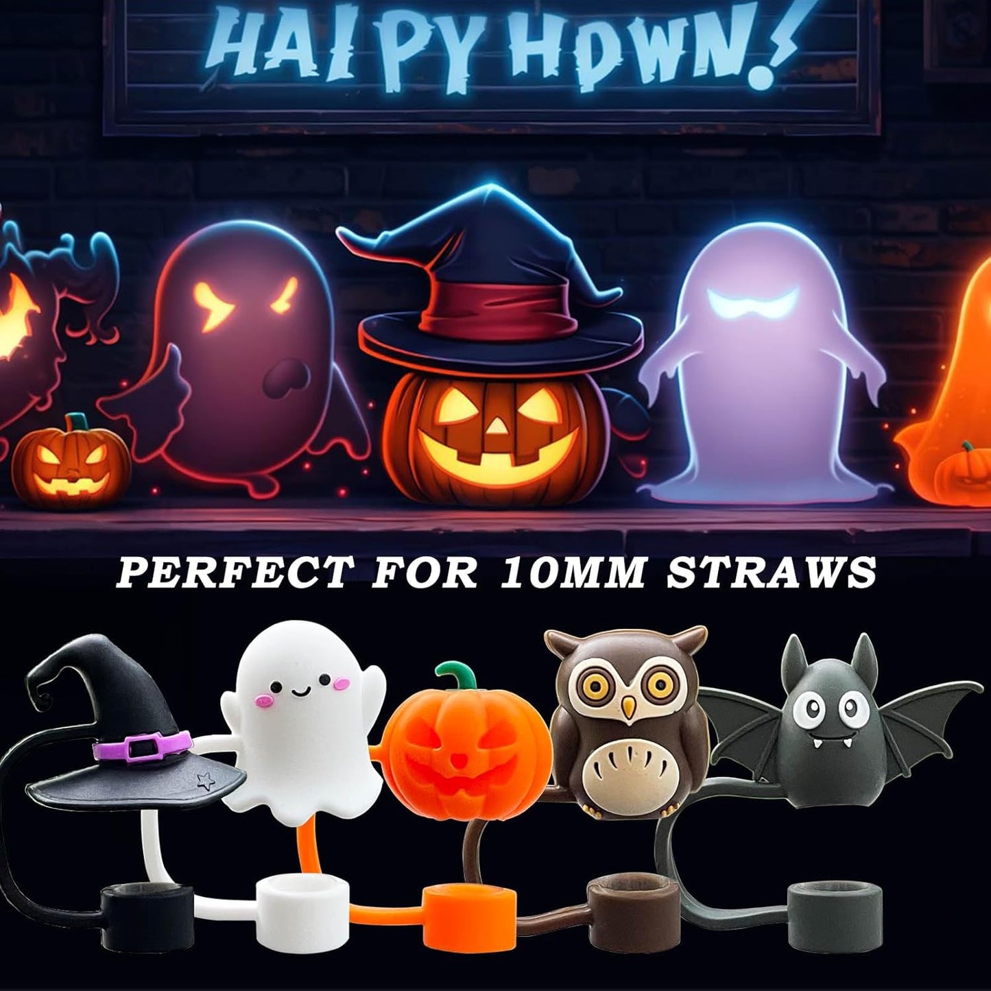 5PCS Halloween Straw Cover Cap for Stanley Cup Silicone Straw Topper for Stanley 30&40 Oz Tumbler with Handle