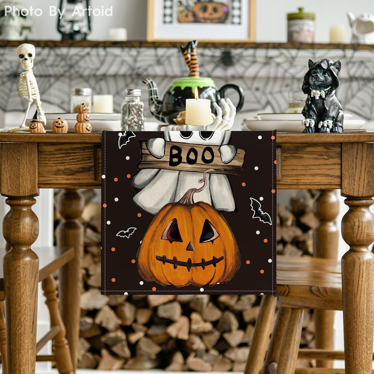 Polka Dot Ghost Pumpkin Cat Boo Halloween Table Runner Bat Seasonal Fall Kitchen Dining Table Decoration
