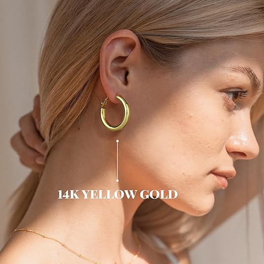 Chunky Gold Hoop Earrings - 14K Gold Plated Earrings for Women Hollow Tube Lightweight Thick Hoops Valentines Mother's Day