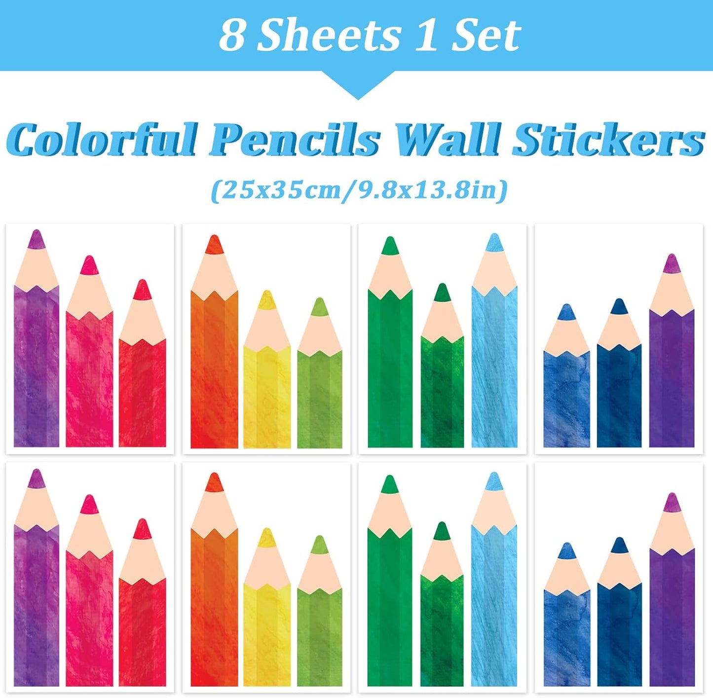 8 Sheets Colorful Pencils Wall Decals Waterproof Watercolor Pencils Wall Stickers Educational Peel