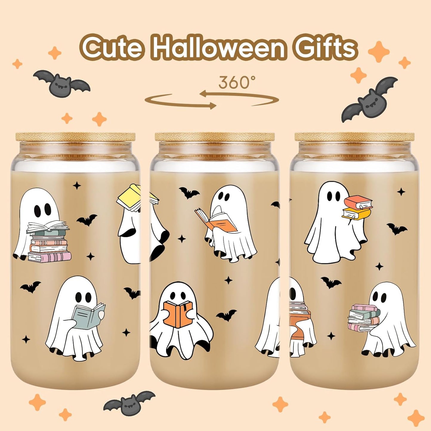 Cute Spooky Gifts for Book Lovers 16 oz Iced Coffee Tumbler Cup w/Lid Straw Book Themed