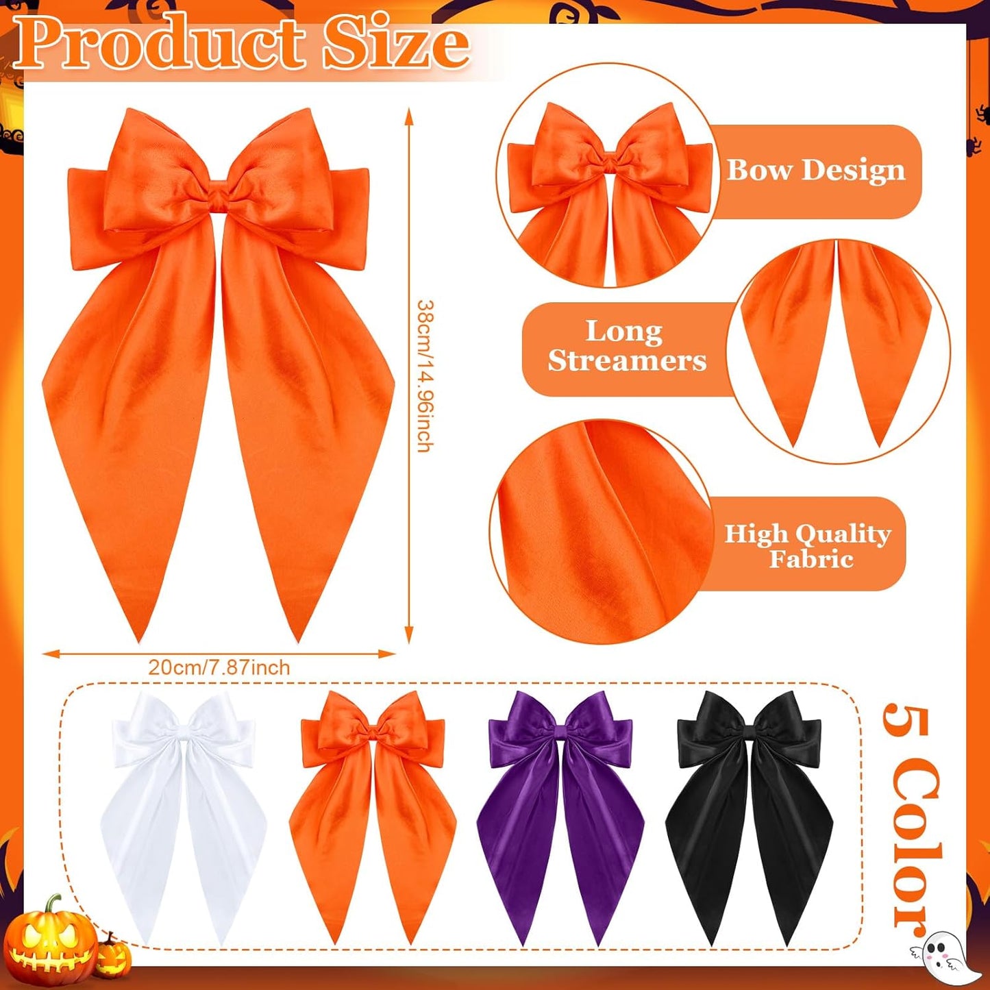 4 Pcs Halloween Hair Bows for Women Girls Large Satin Orange Black White Purple Bow Hair Clips Long Tails