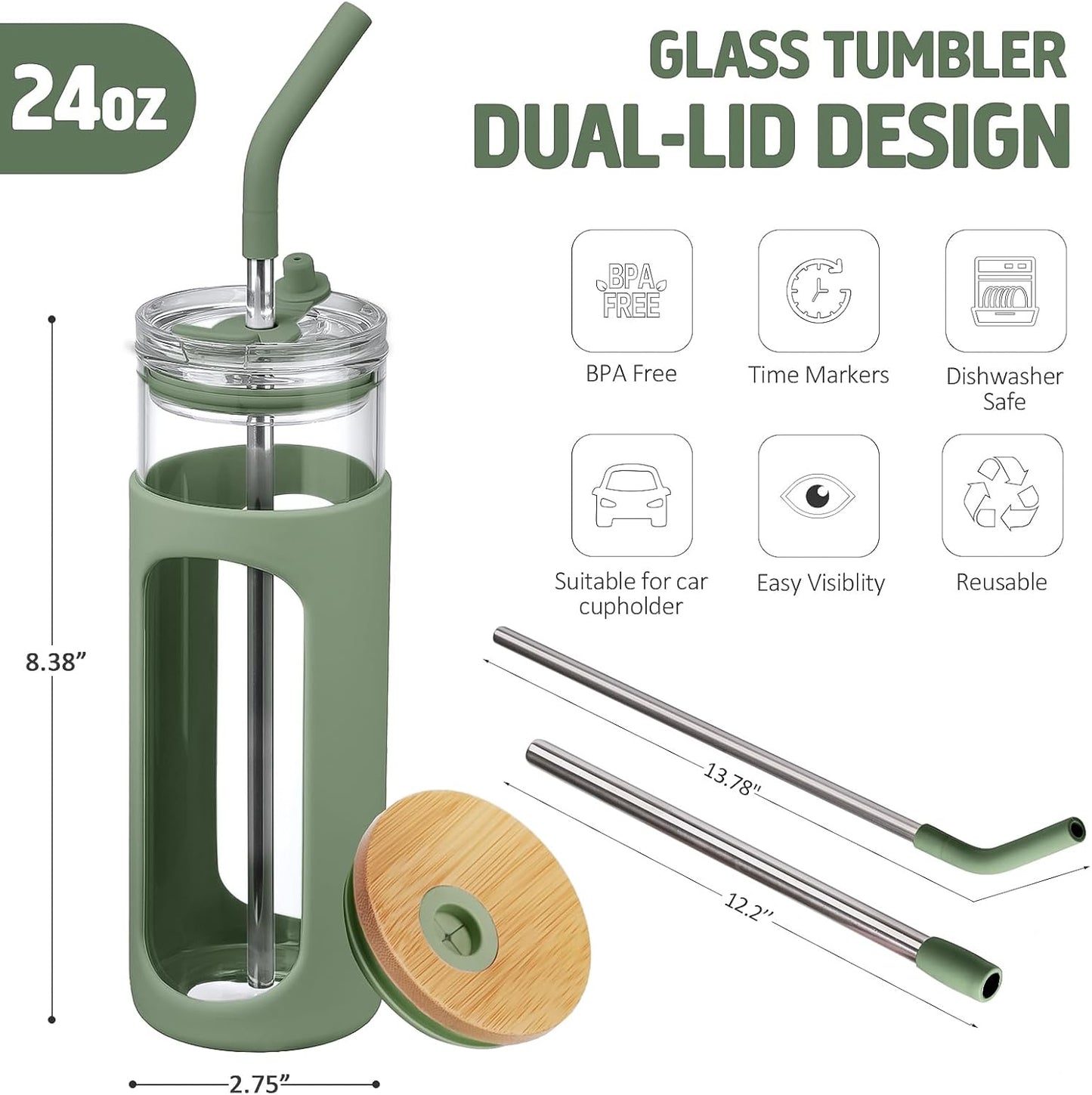 24oz Glass Tumbler with 2 Lids and Straws Glass Cup With Bamboo Lid and On-the-go Lid Reusable