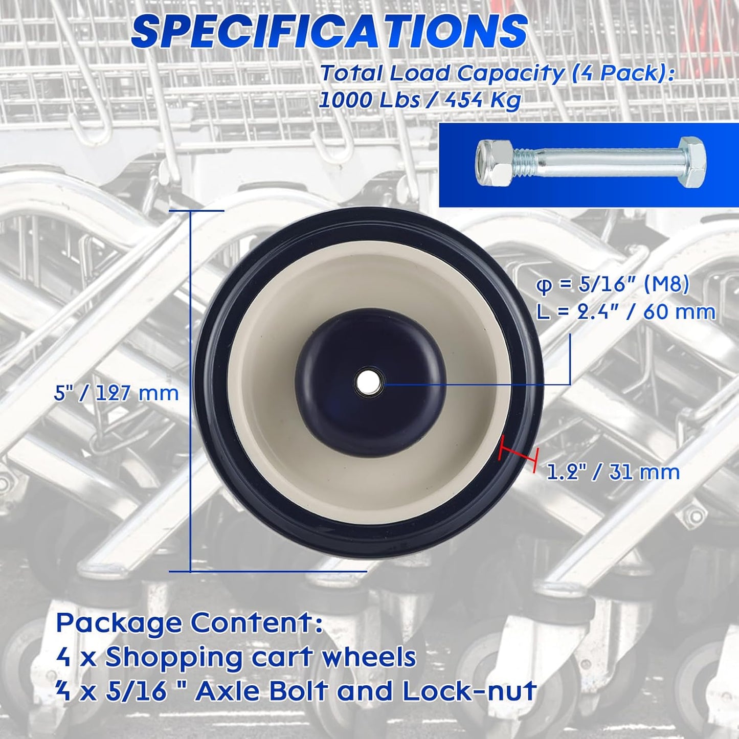 Cart Wheels Replacement 4 Pack Shopping Cart Caster 5-inch Diameter Shopping Cart Wheels with Axles Bolts