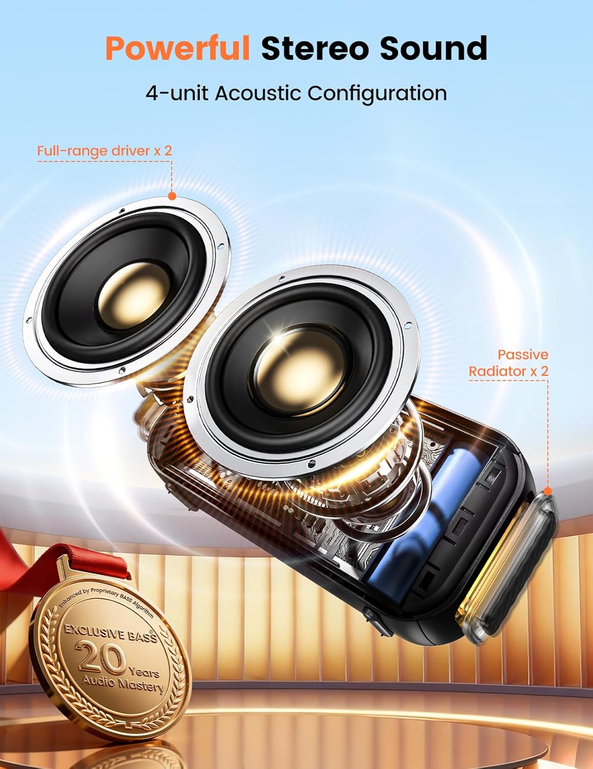 Bluetooth Speaker Stereo 20W Loud Sound 30H Playtime IPX5 Water Resistant Portable Wireless Speakers
