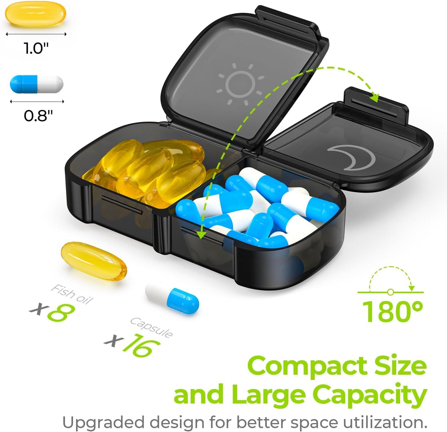 Weekly Pill Organizer 2 Times a Day, Pill Box 7 Day with One-Side Large Openings for Easy to Use, Black Privacy Protection