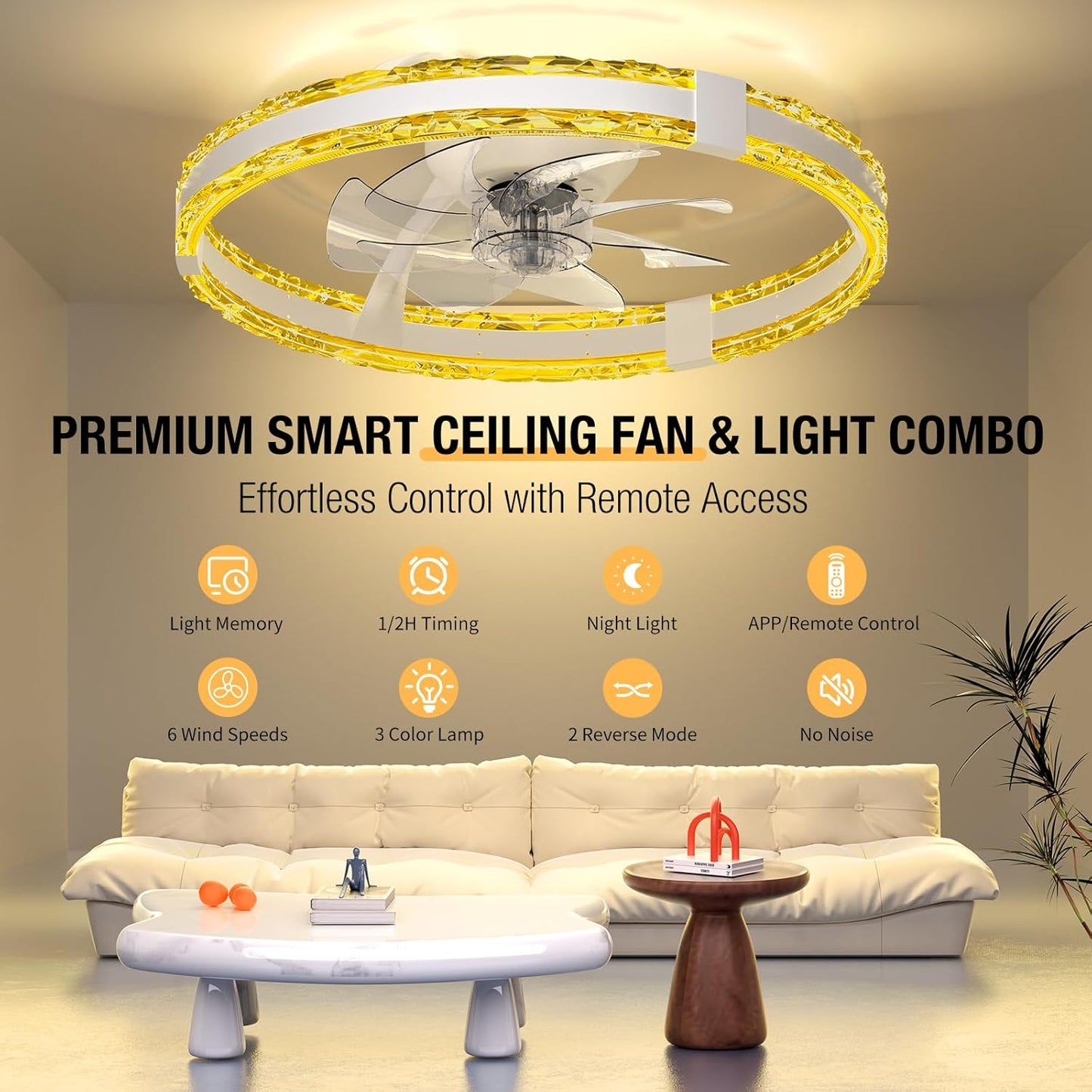 20'' Low Profile Flush Mount Ceiling Fan with 6 Speeds & 3 Color Temperature 3000-6500K Dimmable Led Fandelier for Bedroom