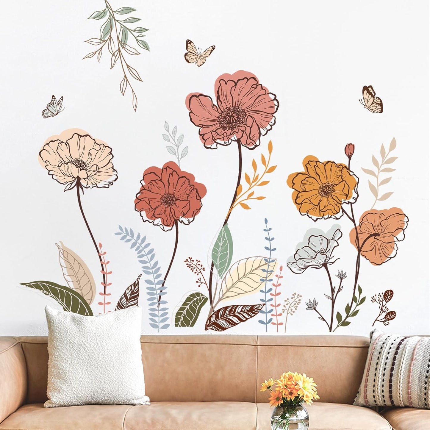 Flower Wall Stickers Wildflower Floral Grass Peel and Stick Wall Art Decals for Living Room Bedroom