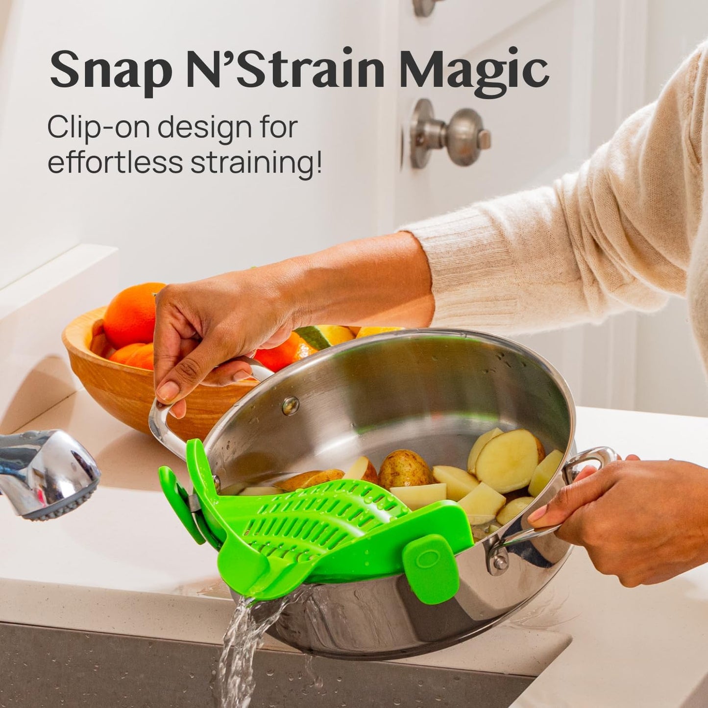 Strain Clip On Strainer for Pots and Pans Collapsible Silicone Pasta Strainer and Kitchen Gadget