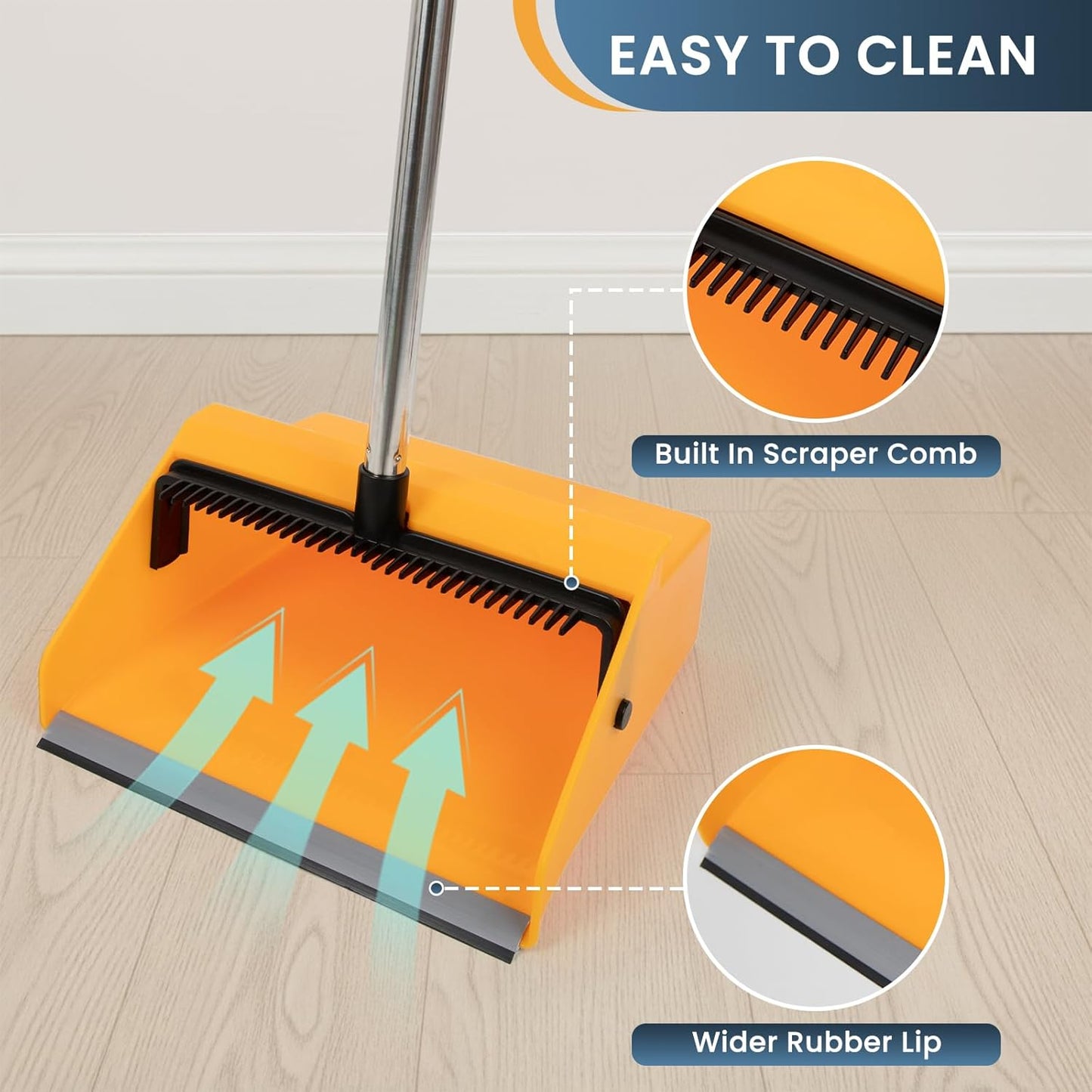 Large Commercial Dustpan with Comb Long Handle Upright Heavy Duty Dust Pan Outdoor Indoor
