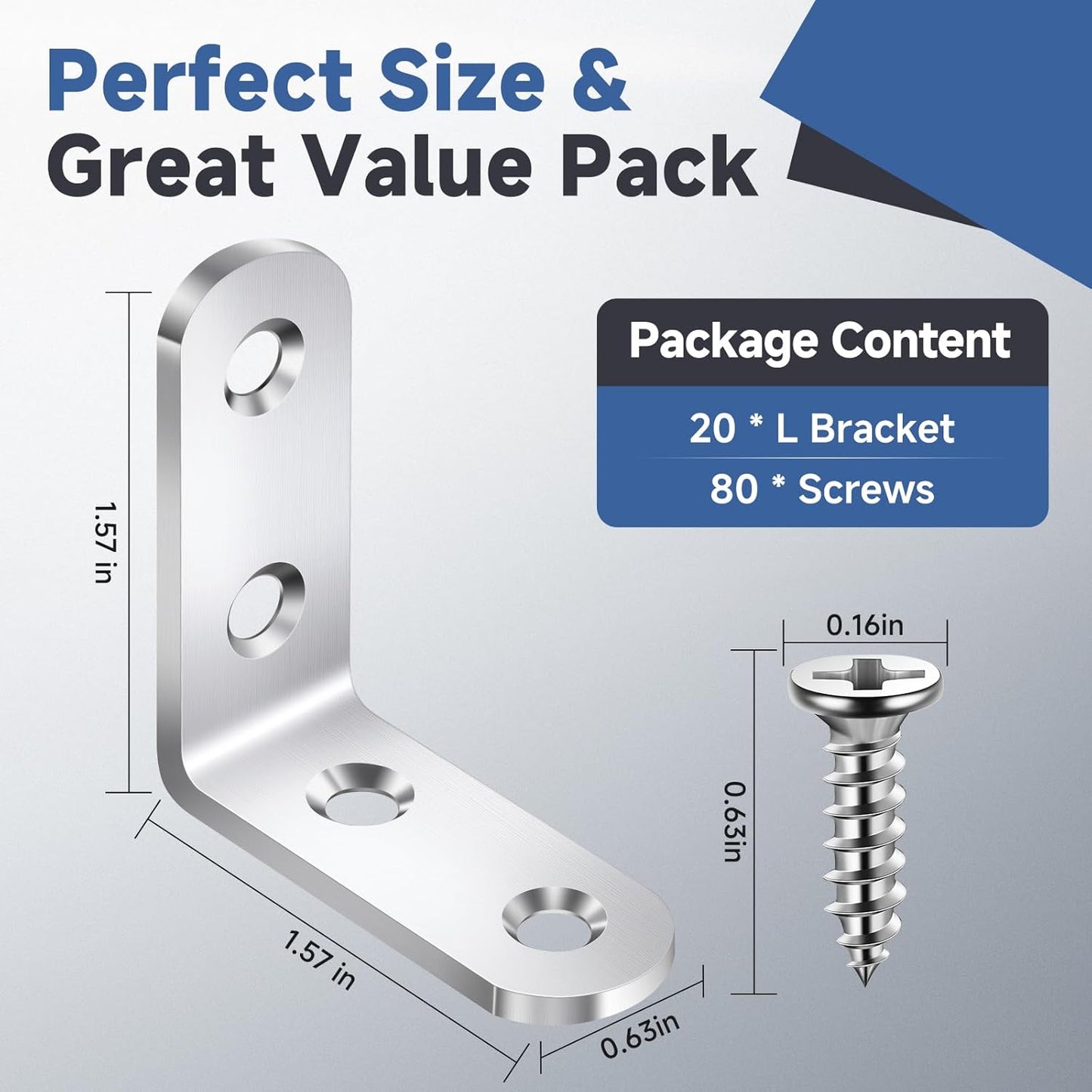 20PCS L Bracket Corner Brace Sets Stainless Steel L Brackets for Wood Shelves, 90 Degree Right Angle Bracket with 80 Screws