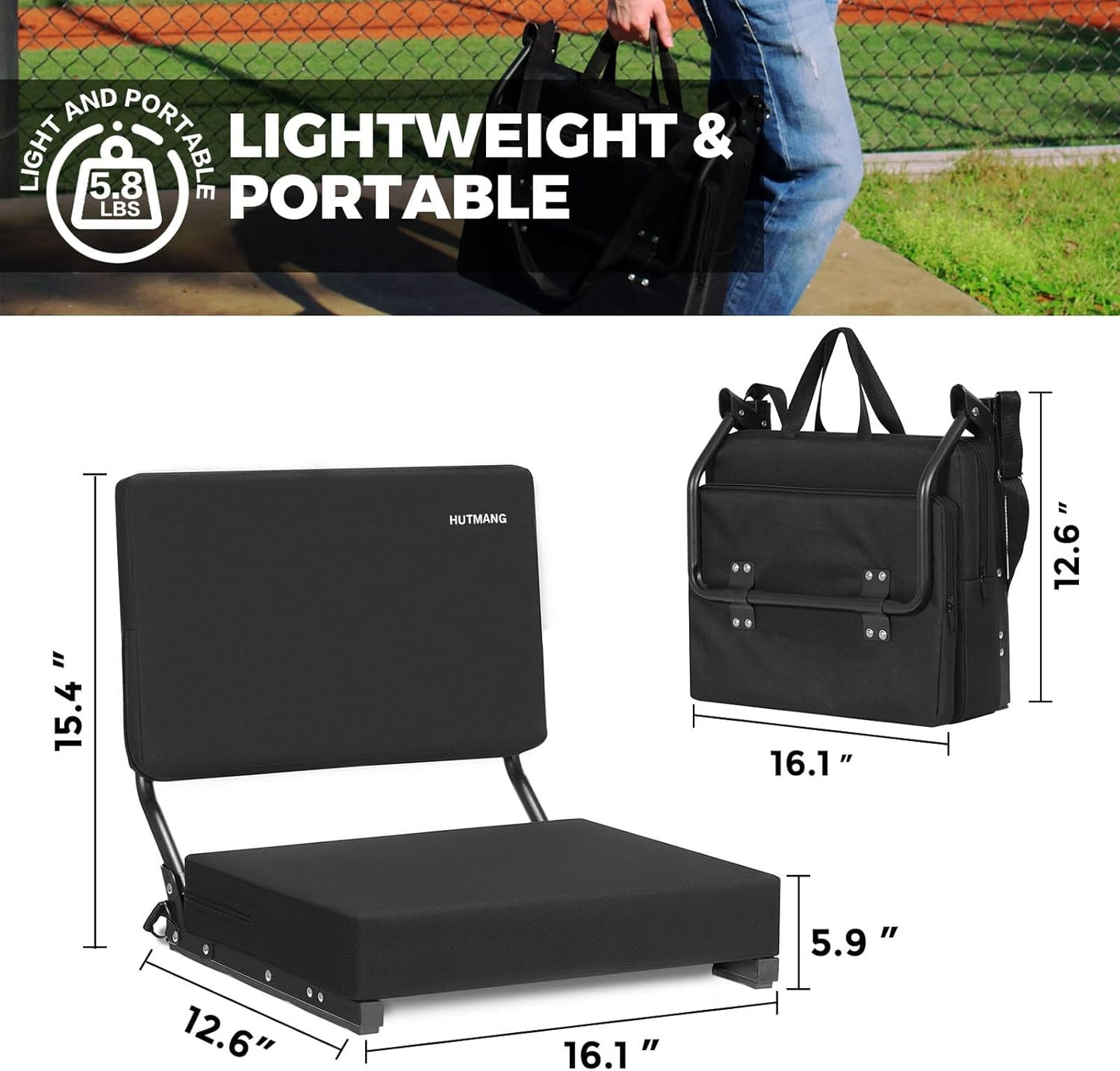 Seat with Back Support Padded Foam Back 330LBS Weight Support Portable Foldable Black