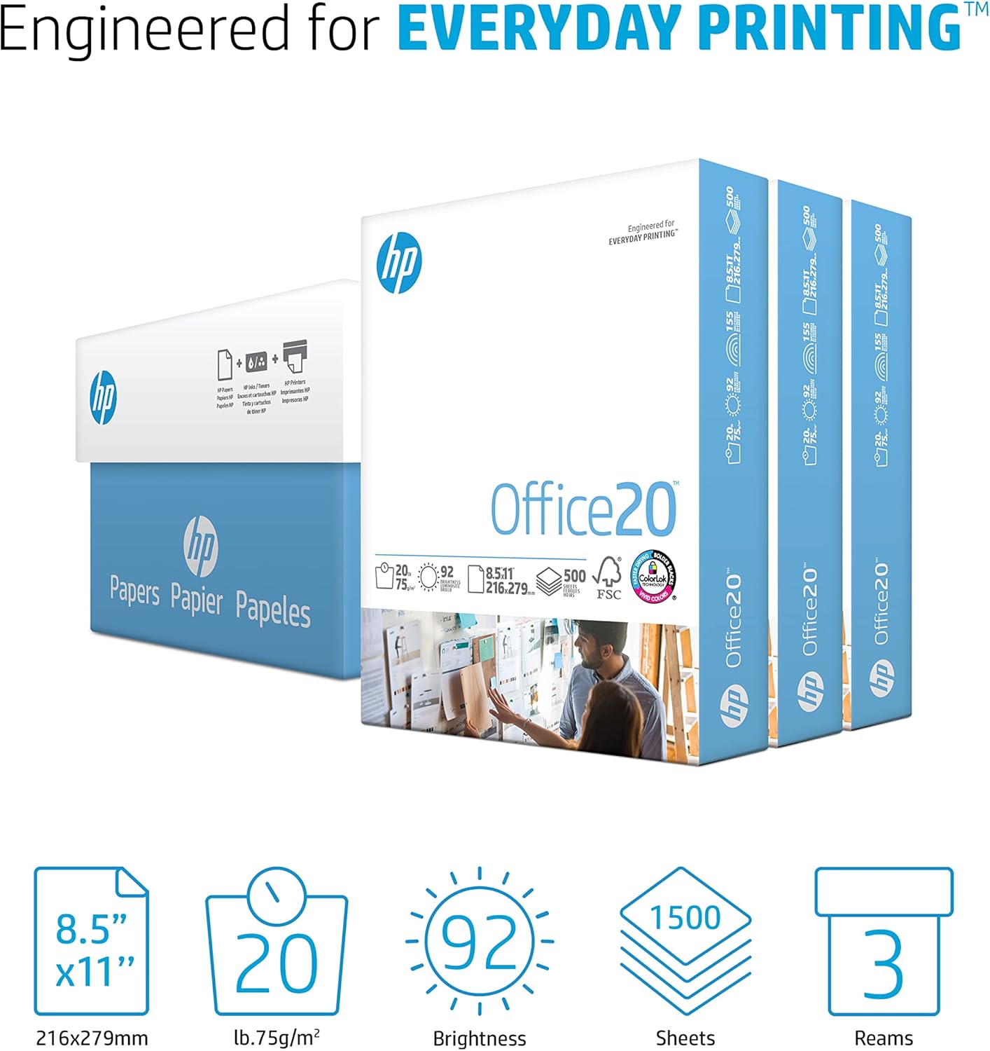8.5 x 11 Paper Office 20 lb 3 Ream Case 1500 Sheets 92 Bright Made in USA FSC Certified 112090C White