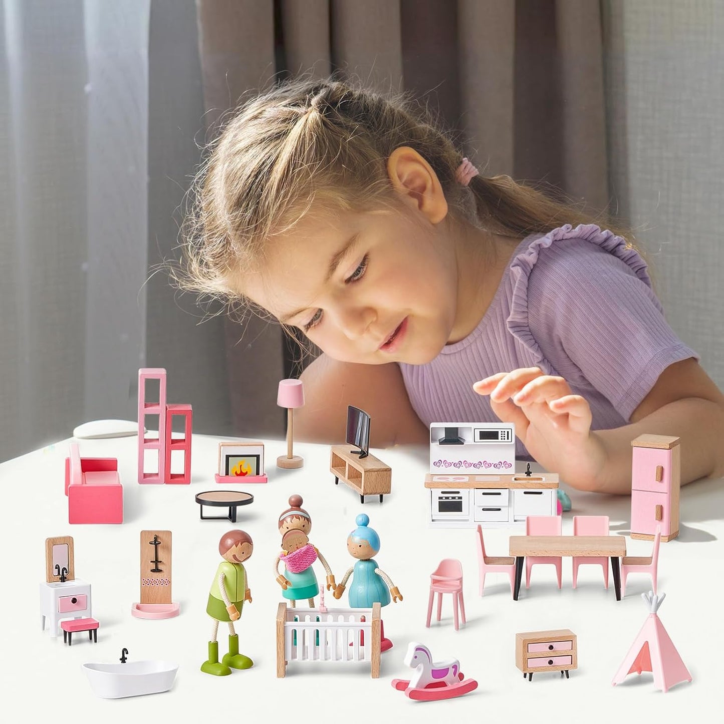 36pcs Wooden Dollhouse Furniture Set with Dolls for 5 Rooms, Wood & Plastic Pink Dollhouse Accessories