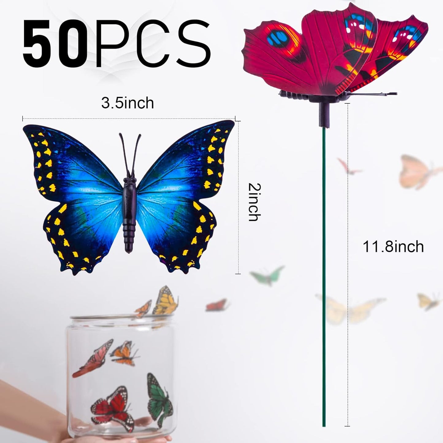 50PCS Butterfly Garden Decorations 11.8 inch Butterfly Stakes Ornaments Artificial Waterproof Butterflies