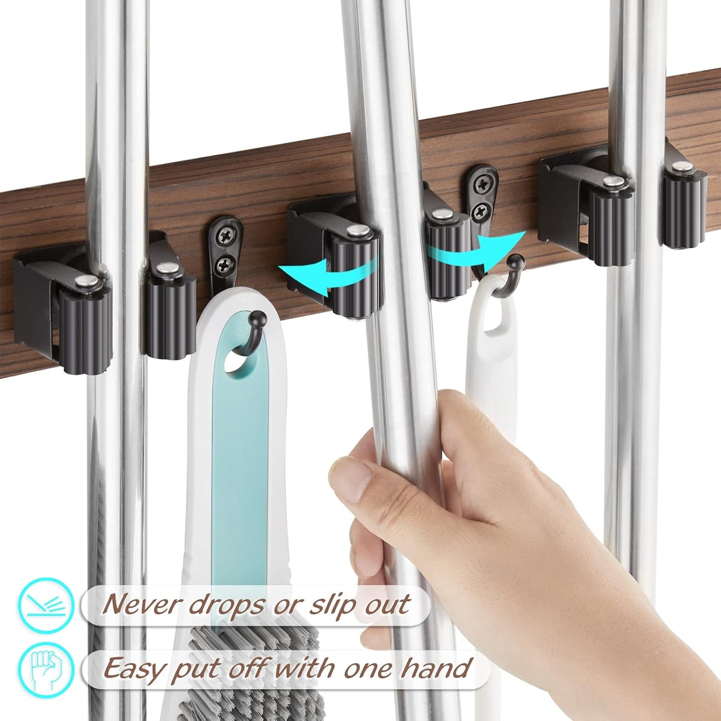Rustic Wood Broom Mop Hanger Wall Mounted Garden Tool Rack Organizer for Closet Garage