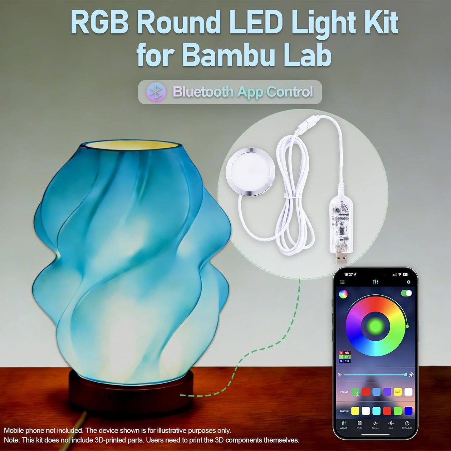 3Pack LED Lamp Kit 001 App Control for Bambu Lab 3D Printing USB RGB LED Round Light with APP Cluster Control