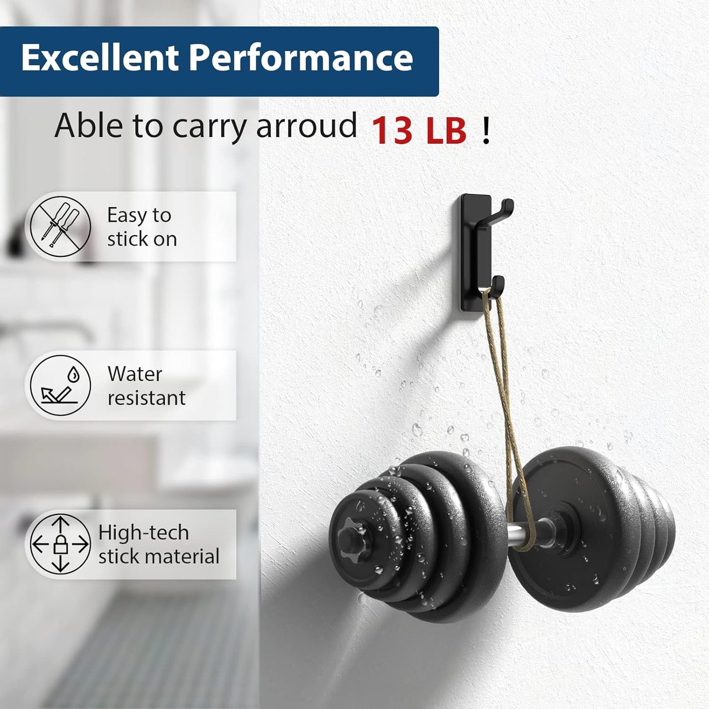 Wall Hooks for Coat and Towel 13LB Adhesive Door Hanger Stick on Black 6 Pack