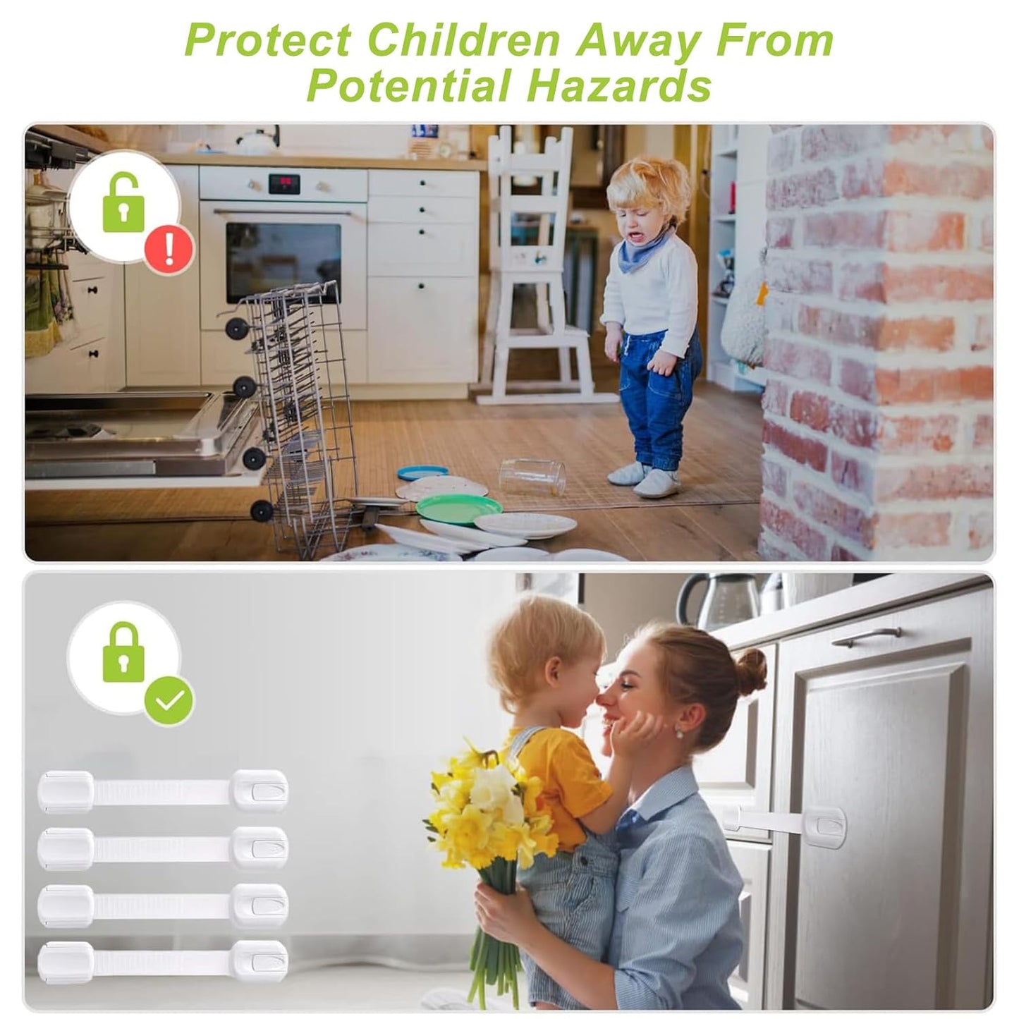 Child Proof Cabinet Locks (4 Packs), Baby Toddlers Locks for Drawers Refrigerator Safety Latches for Kids Pets, Durable Safe ABS Material Strong